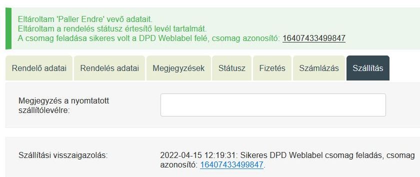 DPD Weblabel csomag feladás visszaigazolás