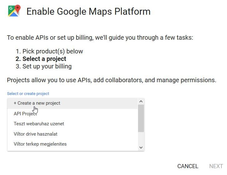 Google Maps API kulcs igénylés 3. lépés